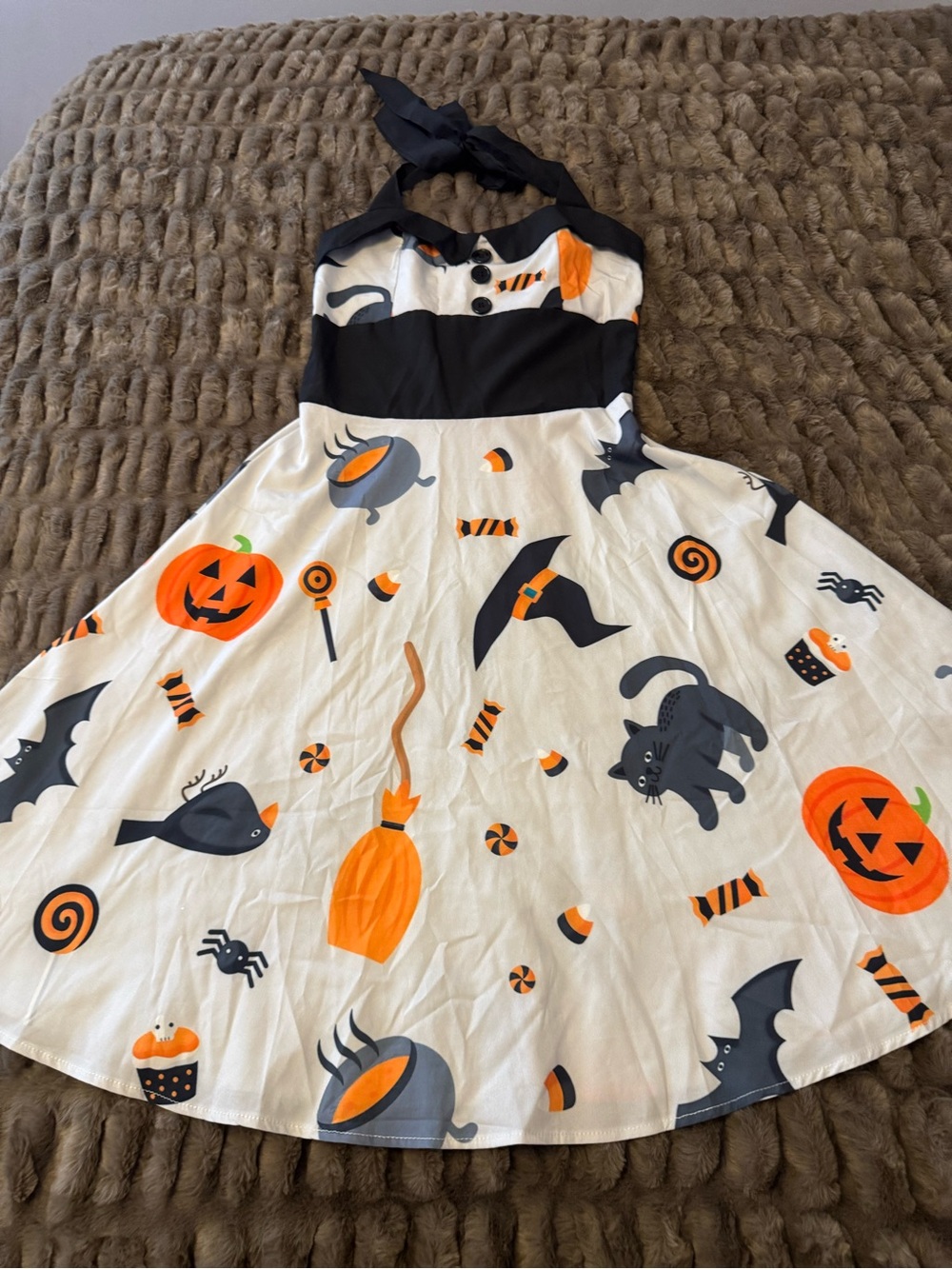 Retro Halloween Halter Dress Pumpkin Witch Cat Fit & Flare